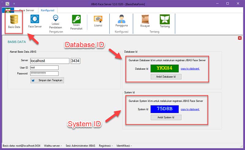 Informasi Database Id dan System Id untuk Presensi Wajah ada di aplikasi JIBAS Face Server di menu Konfigurasi > Basis Data